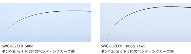 SWC-802EXH 500gと1000gのダンベル吊り下げ時のベンディングカーブ例